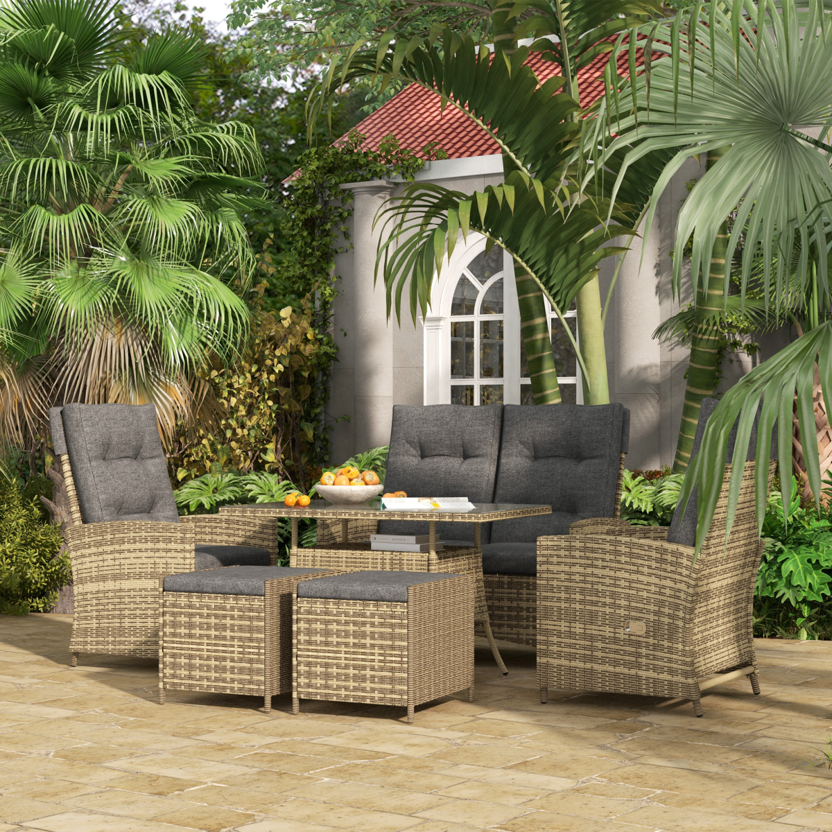 Outsunny 6 Piece Rattan Table and Chairs Set with Cushions for Outdoor Grey