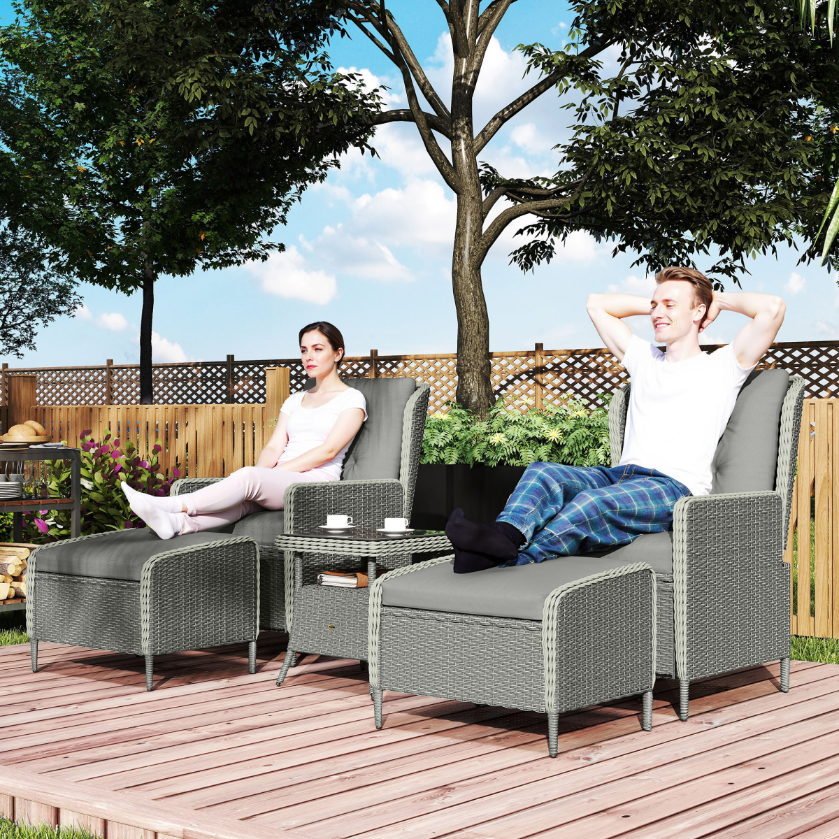 Outsunny Rattan Garden Furniture Set with Footstools Armchairs Charcoal Grey