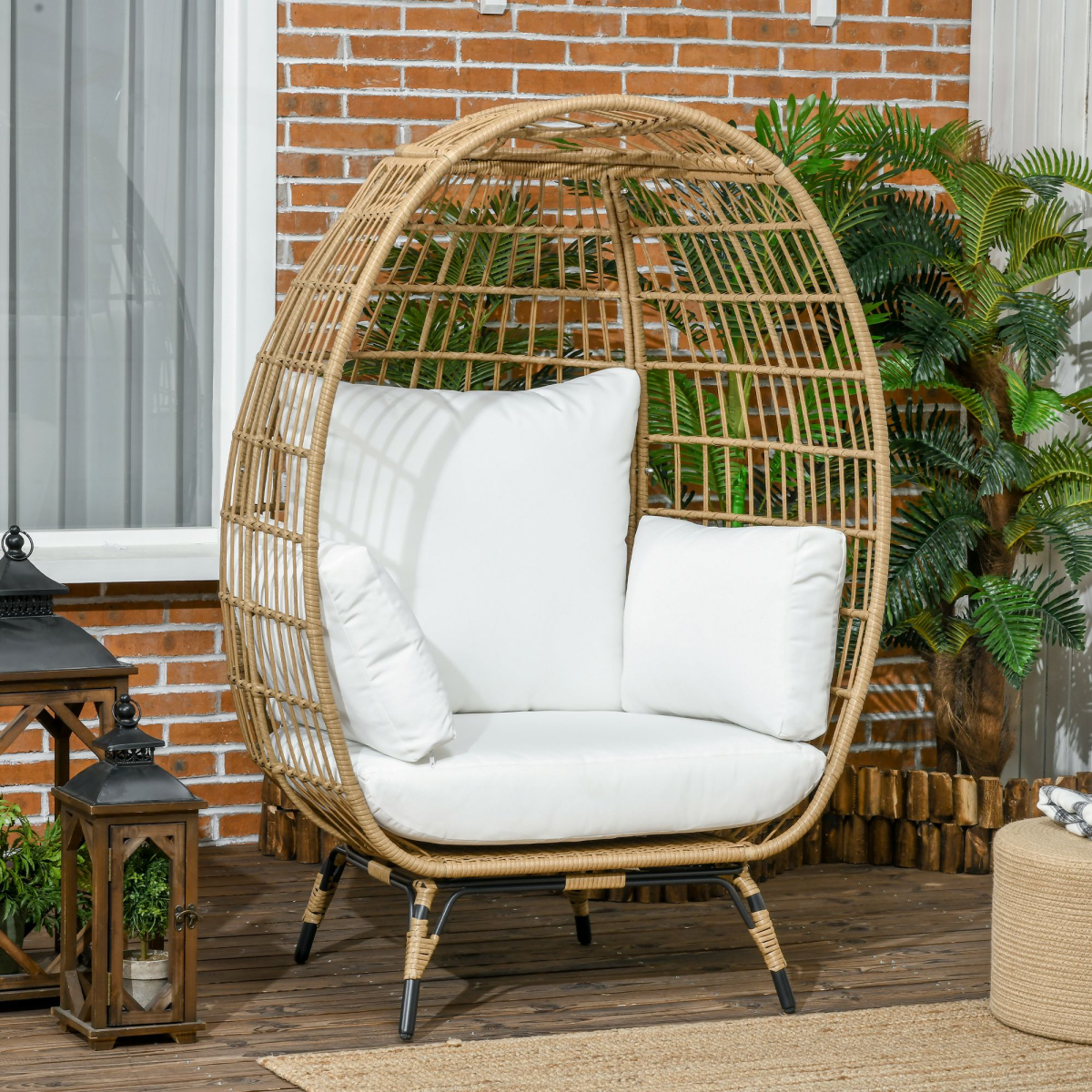 Outsunny Round PE Rattan Outdoor Egg Chair w/ Padded Cushions for Garden, Khaki
