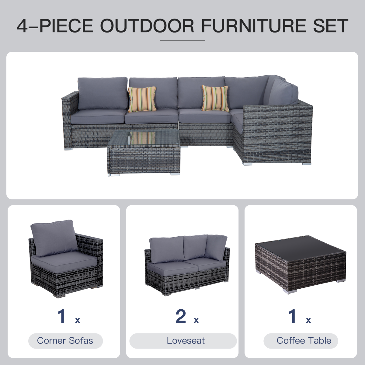 Rattan Set, 4 PC-Grey