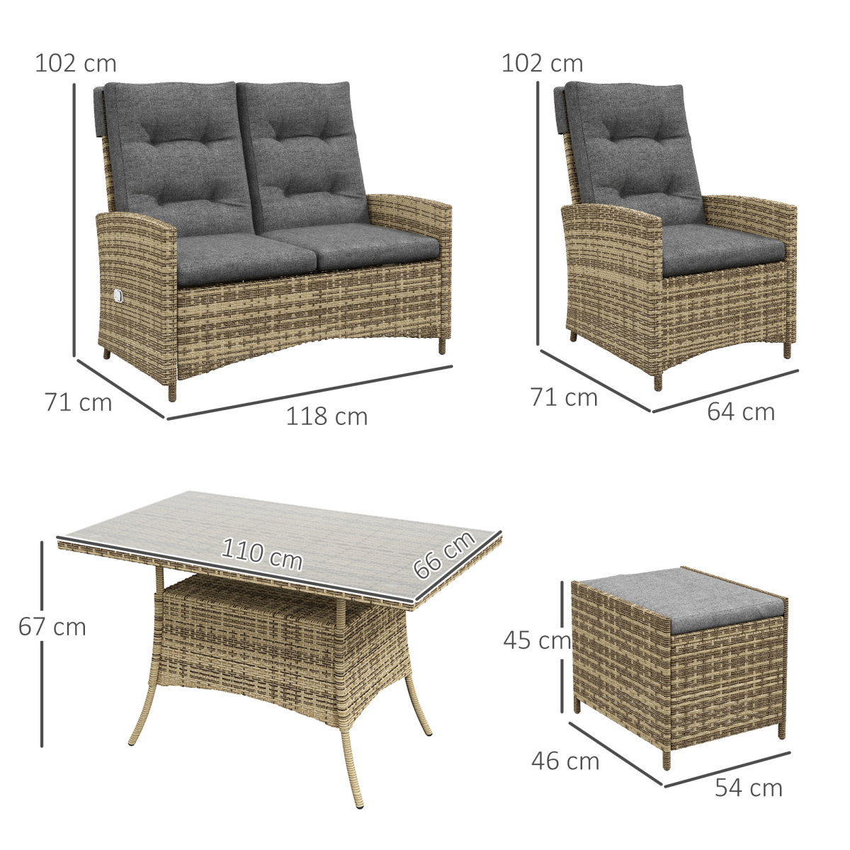 Outsunny 6 Piece Rattan Table and Chairs Set with Cushions for Outdoor Grey