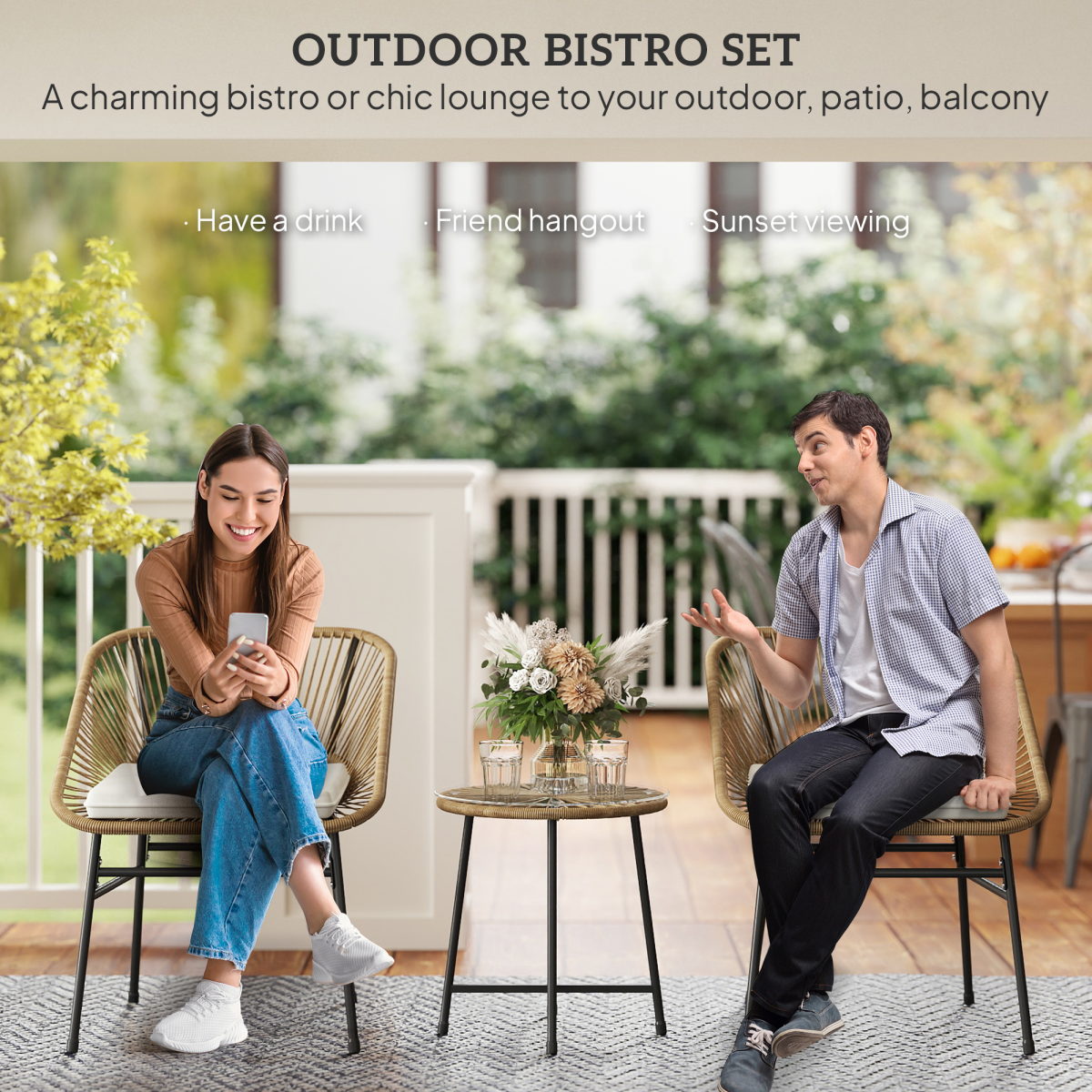 Outsunny Rattan Bistro Set, Small Balcony Furniture with Cushion, Light Grey