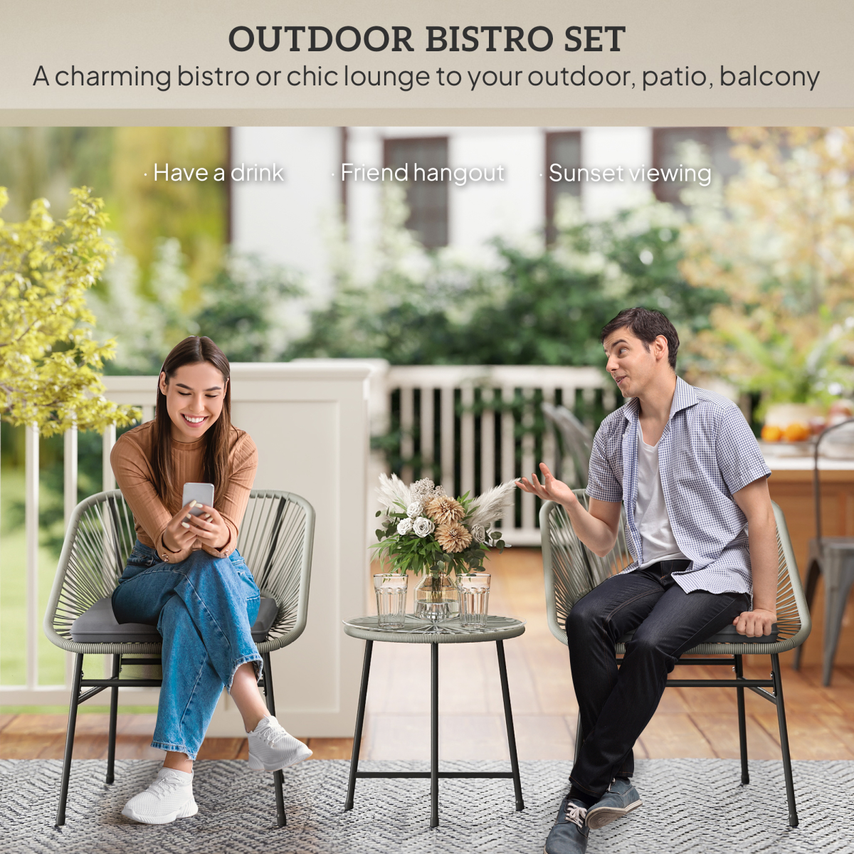 Outsunny Rattan Bistro Set, Small Balcony Furniture with Cushion, Light Grey