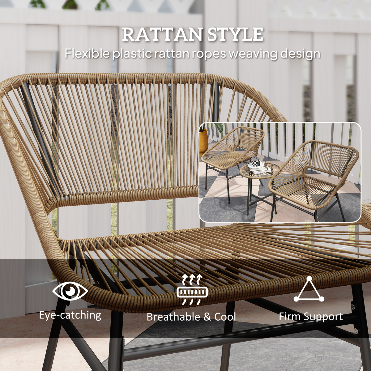 Outsunny Rattan Bistro Set, Small Balcony Furniture with Cushion, Light Grey