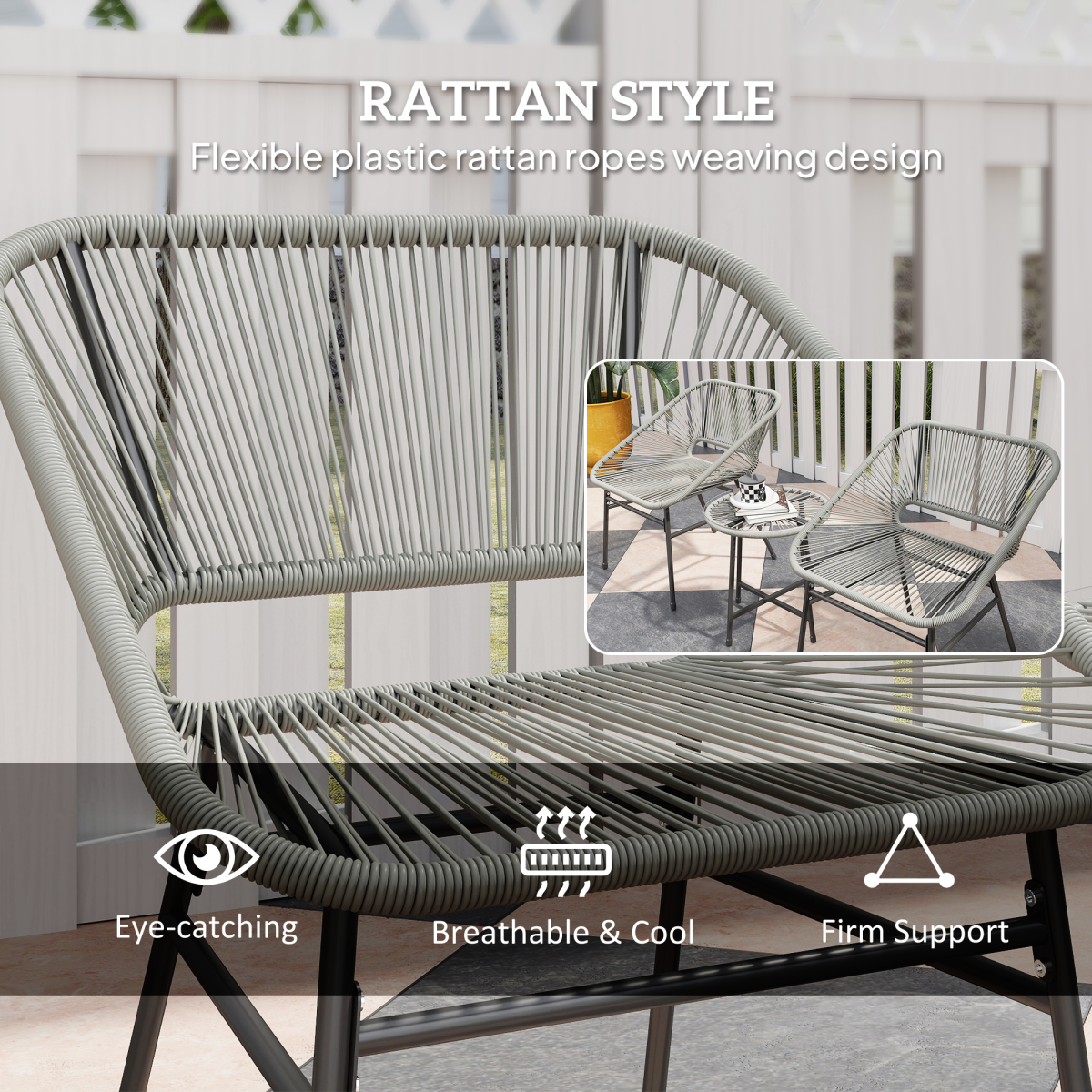 Outsunny Rattan Bistro Set, Small Balcony Furniture with Cushion, Light Grey