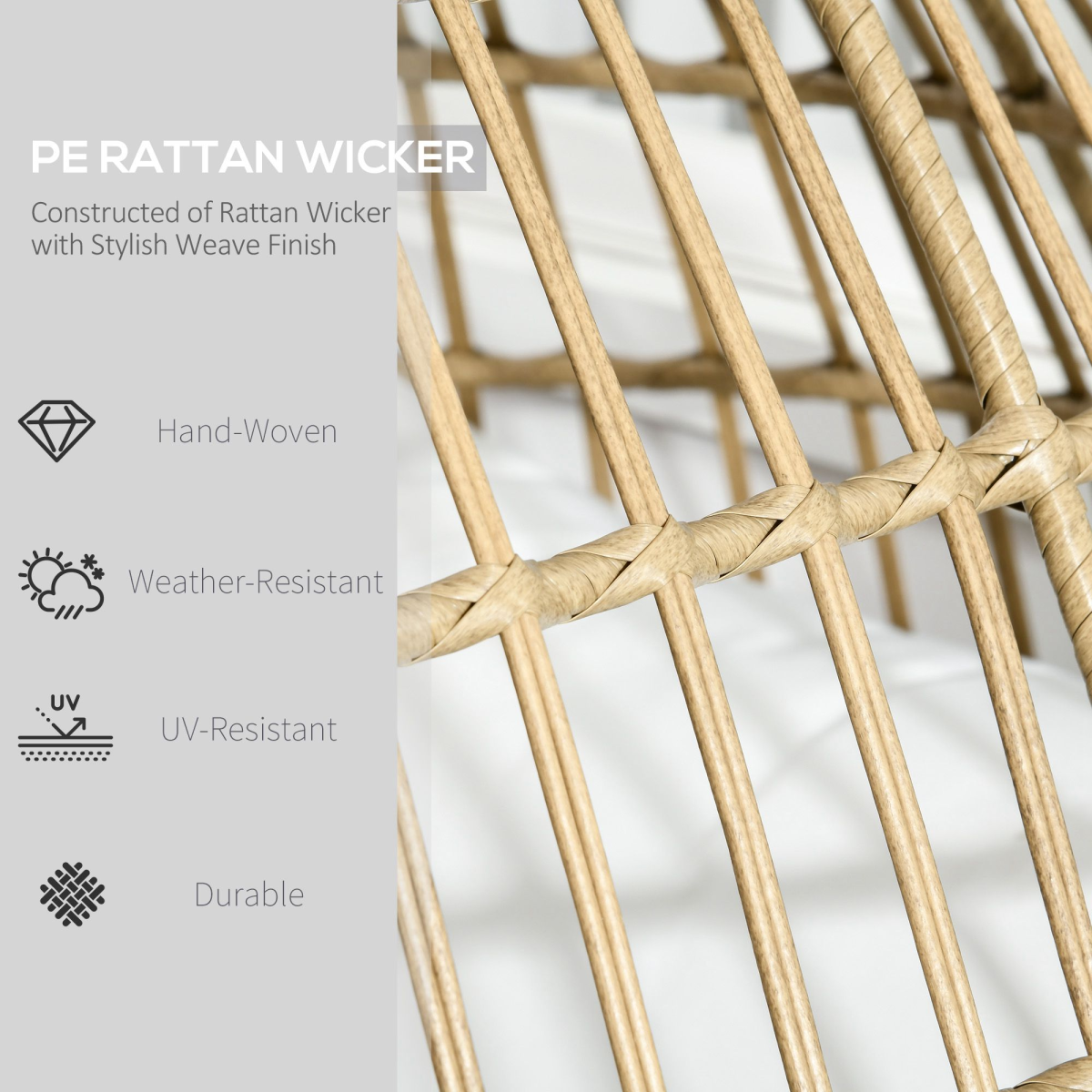 Outsunny Round PE Rattan Outdoor Egg Chair w/ Padded Cushions for Garden, Khaki