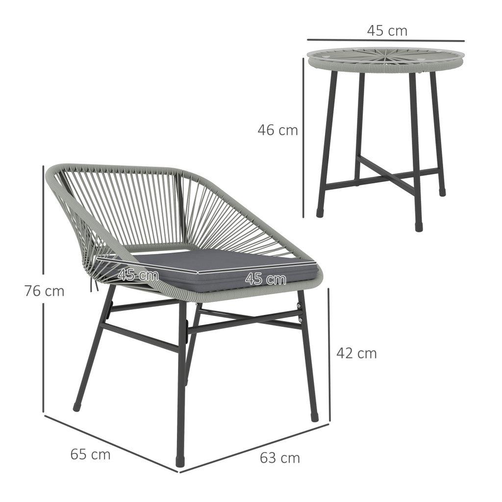 Outsunny Rattan Bistro Set, Small Balcony Furniture with Cushion, Light Grey