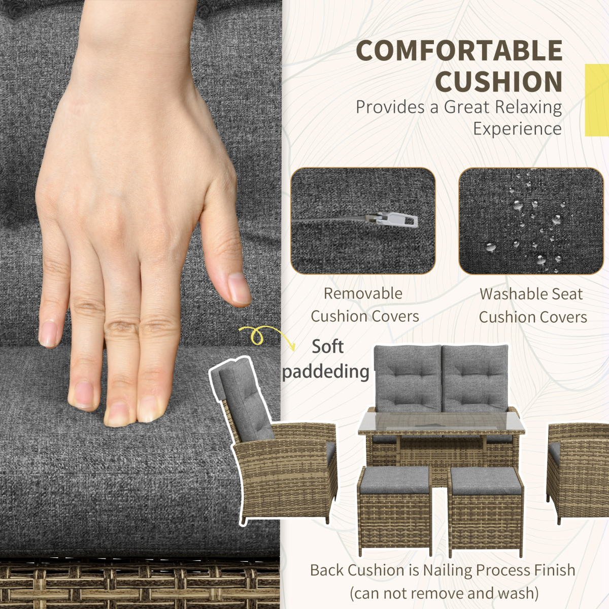 Outsunny 6 Piece Rattan Table and Chairs Set with Cushions for Outdoor Grey