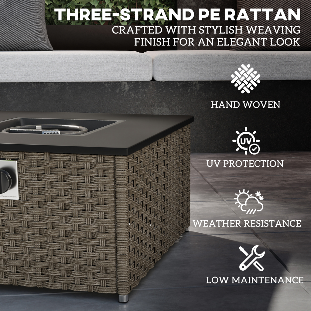 Outsunny 13 KW Rattan Gas Fire Pit Table, Propane Fire Pit for Garden, Grey