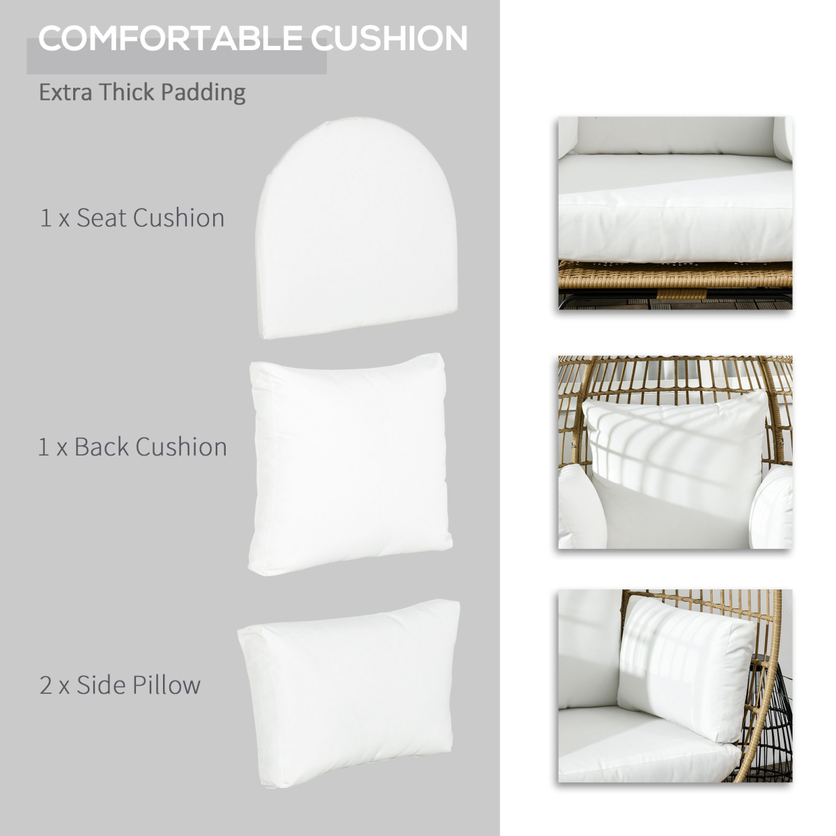 Outsunny Round PE Rattan Outdoor Egg Chair w/ Padded Cushions for Garden, Khaki