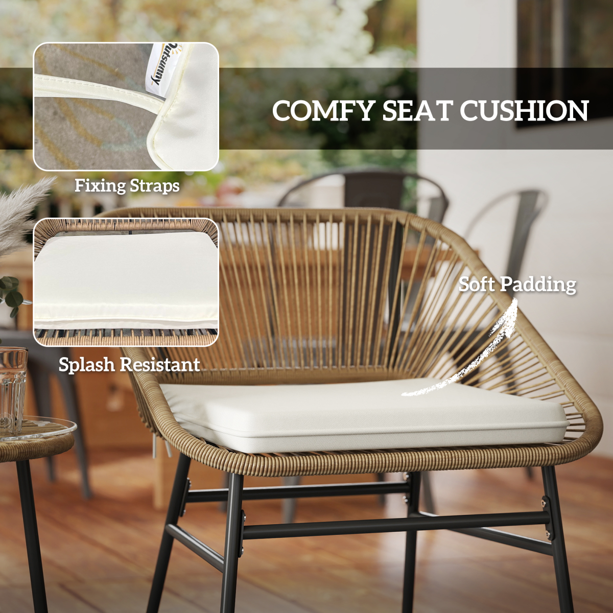 Outsunny Rattan Bistro Set, Small Balcony Furniture with Cushion, Light Grey