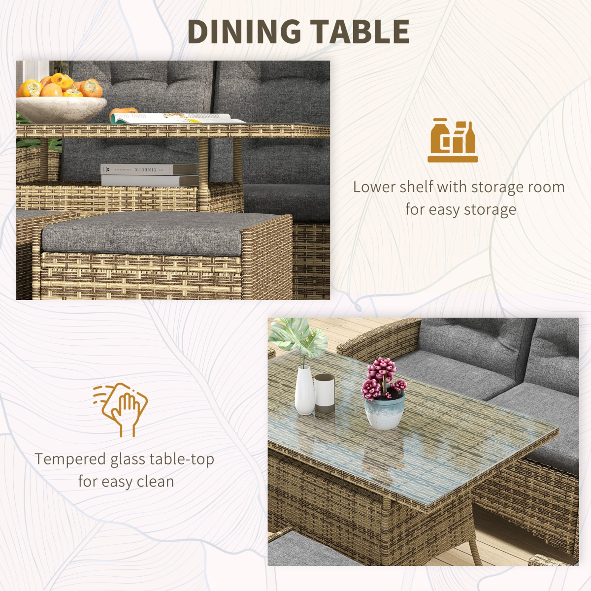 Outsunny 6 Piece Rattan Table and Chairs Set with Cushions for Outdoor Grey