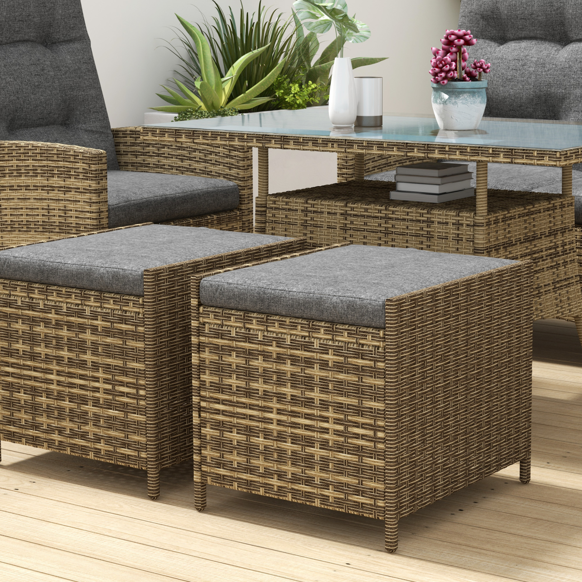 Outsunny 6 Piece Rattan Table and Chairs Set with Cushions for Outdoor Grey