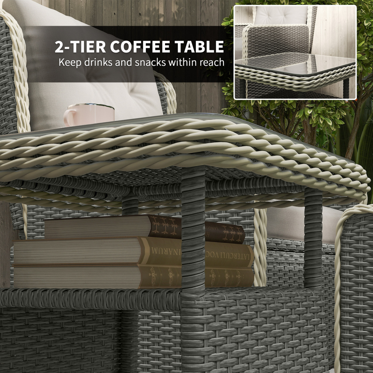Outsunny Rattan Garden Furniture Set with Footstools Armchairs Charcoal Grey
