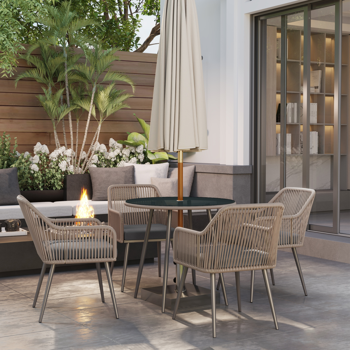 Outsunny Rattan Dining Set, 4 Seater Rattan Garden Furniture, Light Brown