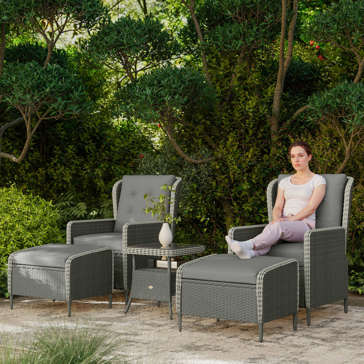 Outsunny Rattan Garden Furniture Set with Footstools Armchairs Charcoal Grey