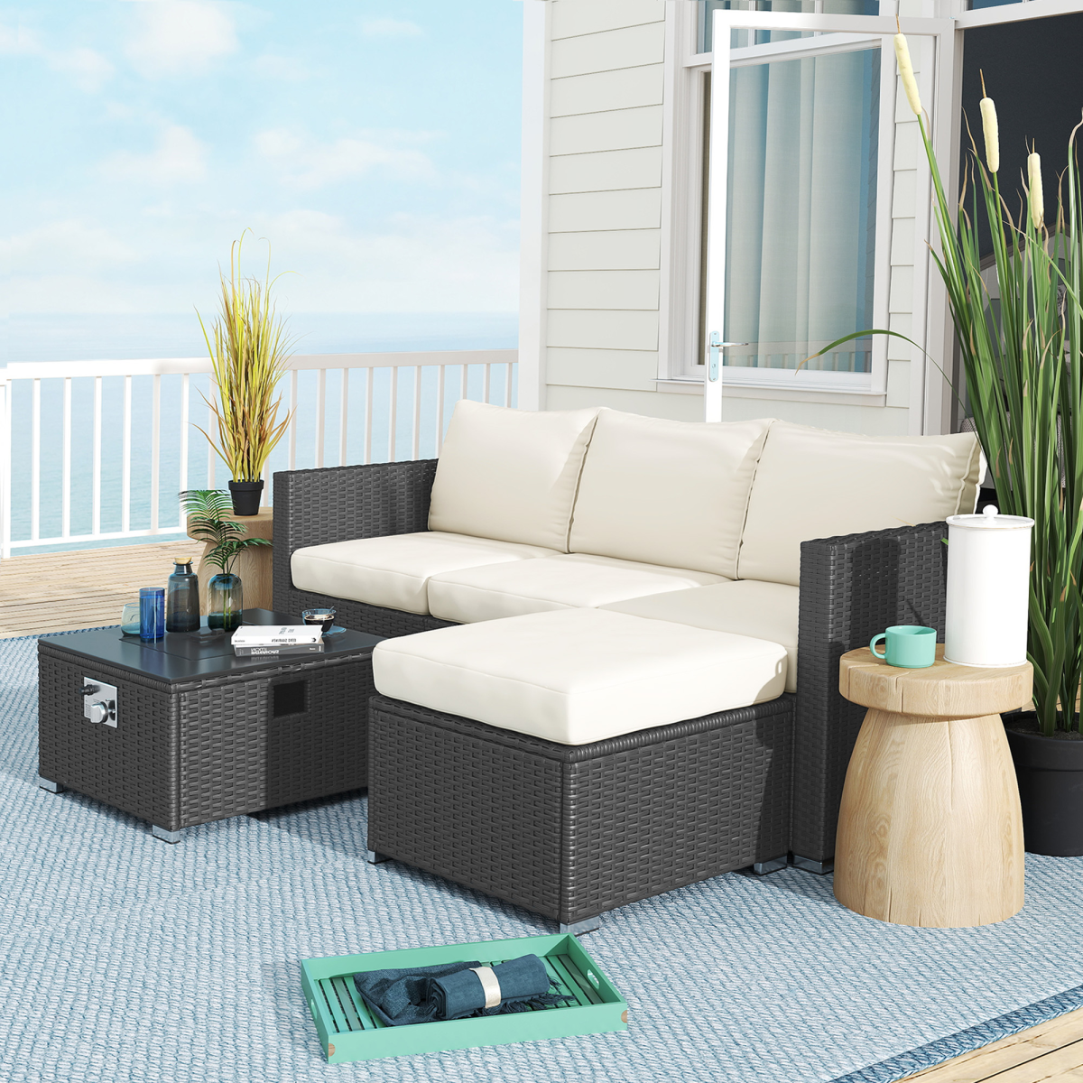 Outsunny 4 Seater Rattan Sofa Set with Footstool Thick Cushions Black Cream