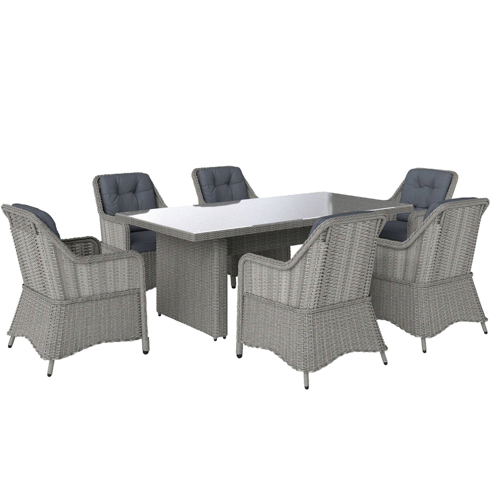 Outsunny 6 Seater Rattan Dining Set with Glass Top Table and Cushions, Grey