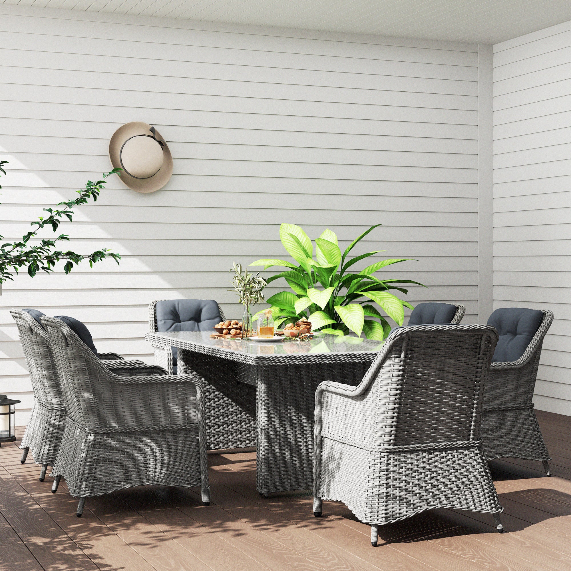 Outsunny 6 Seater Rattan Dining Set with Glass Top Table and Cushions, Grey