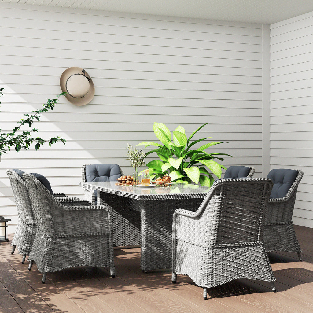 Outsunny 6 Seater Rattan Dining Set with Glass Top Table and Cushions, Grey